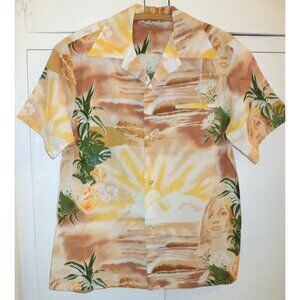Vtg KAI NANI Hawaii HAWAIIAN SHIRT Size M Green Yellow Brown Daisies Face - Poly